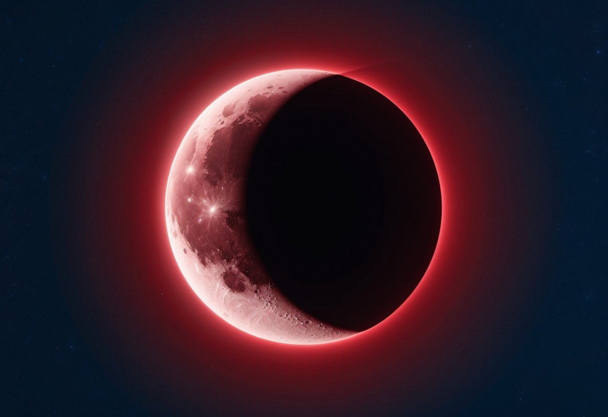 A blood-red moon looms in the night sky, partially obscured by the shadow of the Earth during the 2024 eclipse