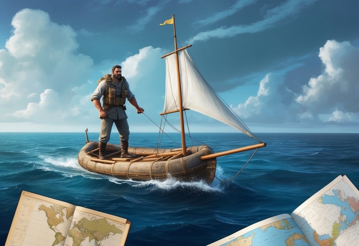 A lone raft sails across a vast ocean, guided by a towering figure with a determined gaze, surrounded by maps and charts