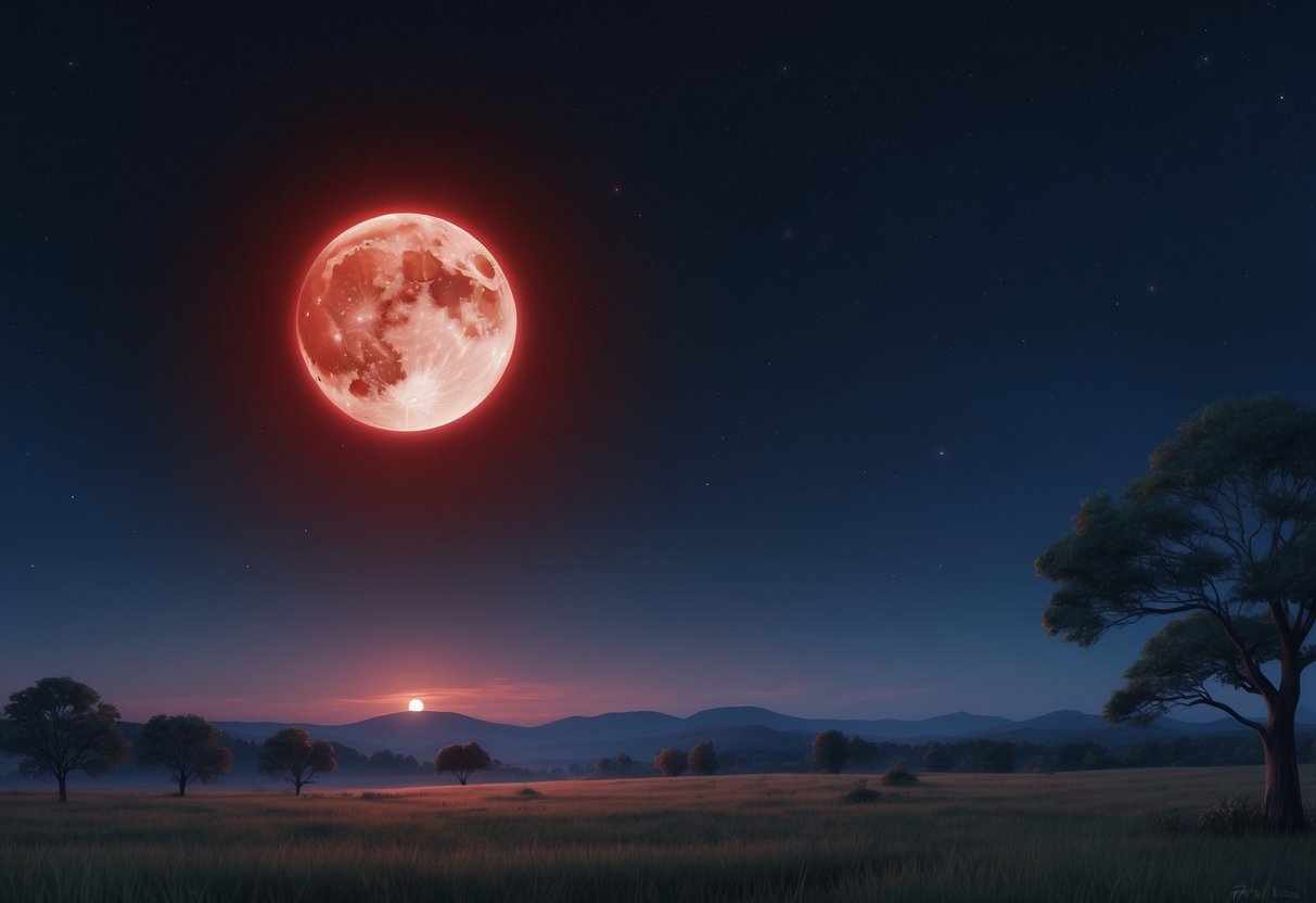 A red moon eclipses the night sky in 2024, casting an eerie glow over the landscape