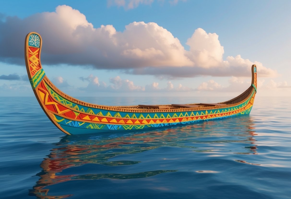 A traditional Kontiki raft floating on a calm ocean, adorned with colorful Polynesian designs and symbols