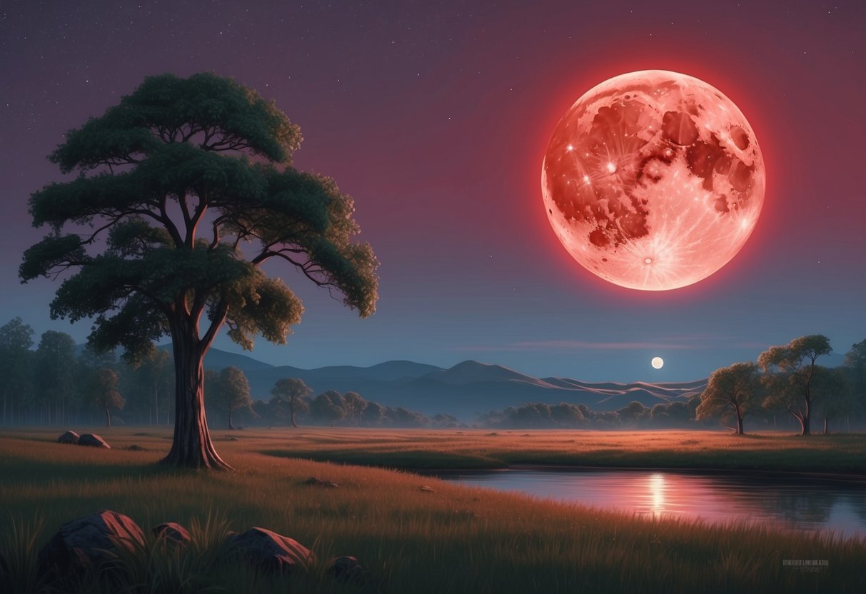 A red moon rising over a serene, untouched landscape in 2024