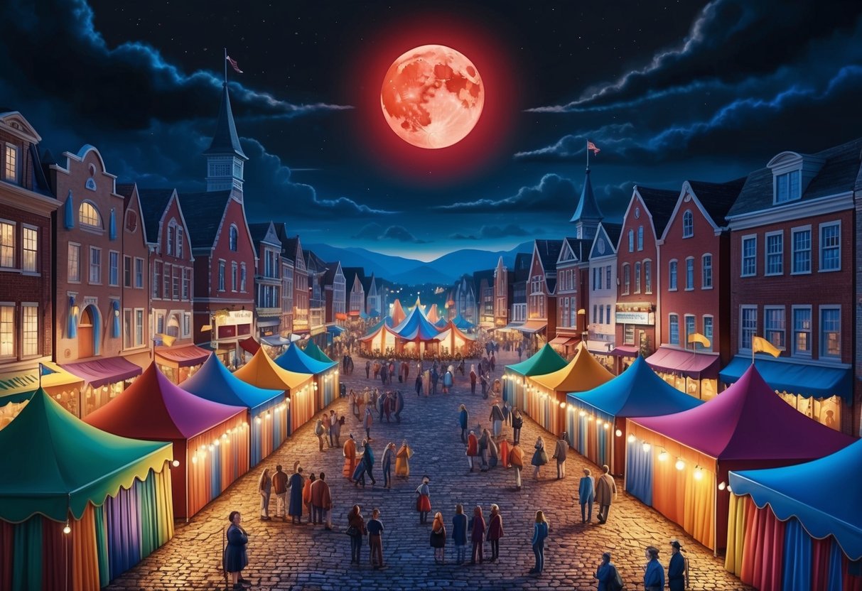 A bustling town square with colorful tents and stages, all illuminated by the eerie glow of a red moon hanging low in the night sky