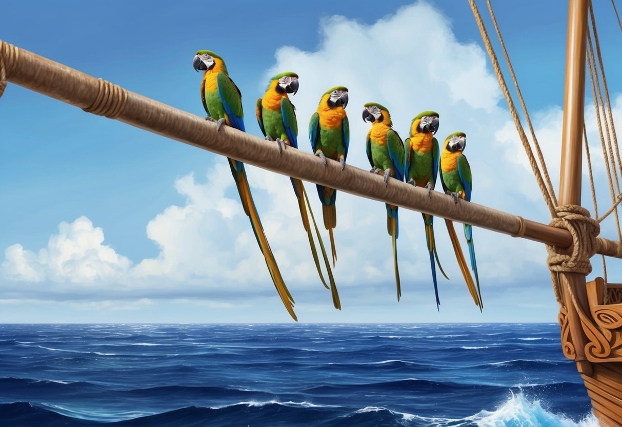 A group of parrots perched on the mast of the Kon-Tiki, with the vast expanse of the open sea stretching out behind them