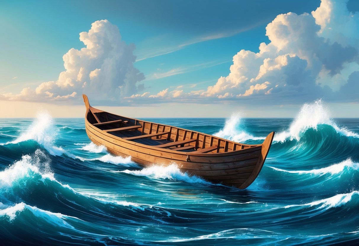 A wooden raft drifts on the open ocean, surrounded by crashing waves and a vast expanse of sky