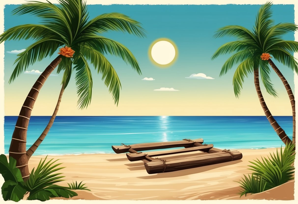 A rustic beach scene with a wooden raft, palm trees, and a calm ocean under a sunny sky