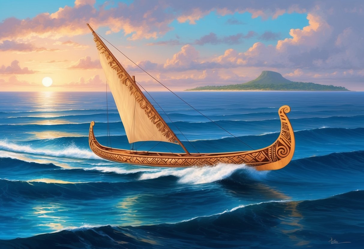 A traditional Polynesian canoe sailing across the vast ocean, with a backdrop of a setting sun and a distant island on the horizon