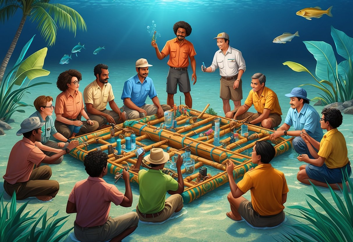 A group of researchers from around the world gather around a Kontiki raft, conducting experiments and sharing knowledge