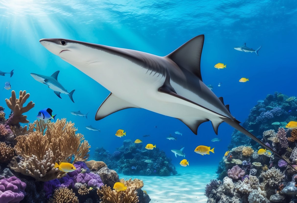 A shark ray swimming gracefully among a coral reef in the warm, clear waters of the tropical ocean