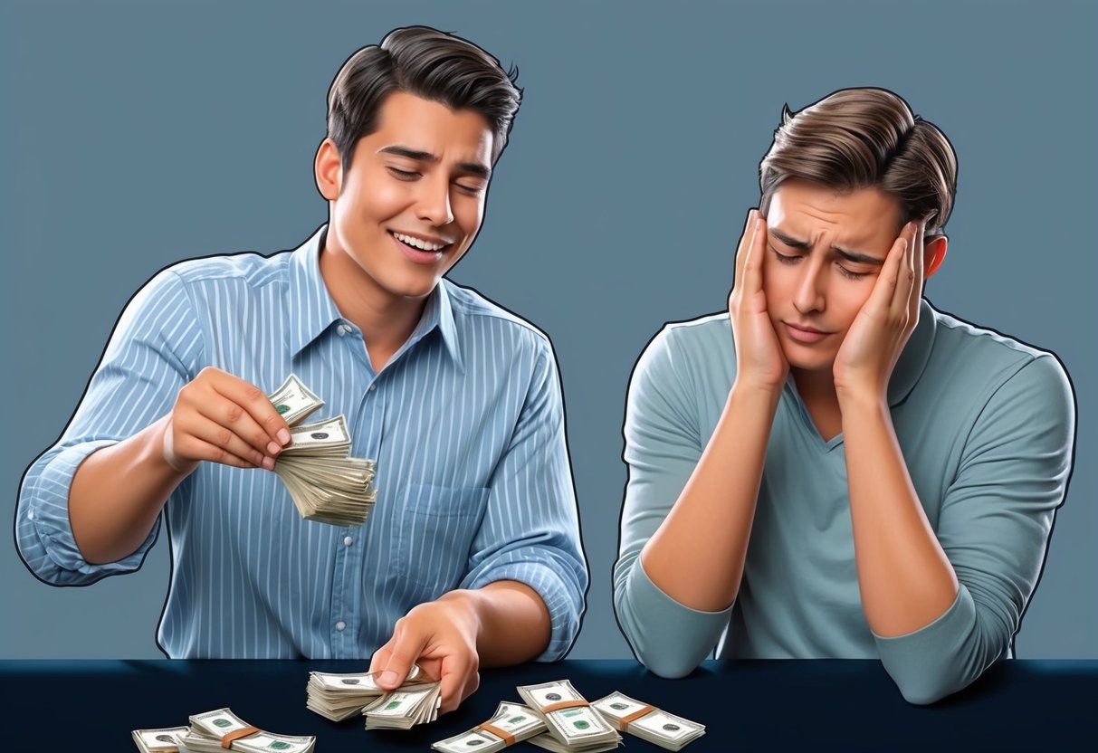 A person counting money with a satisfied expression, while another person looks disappointed at an empty wallet