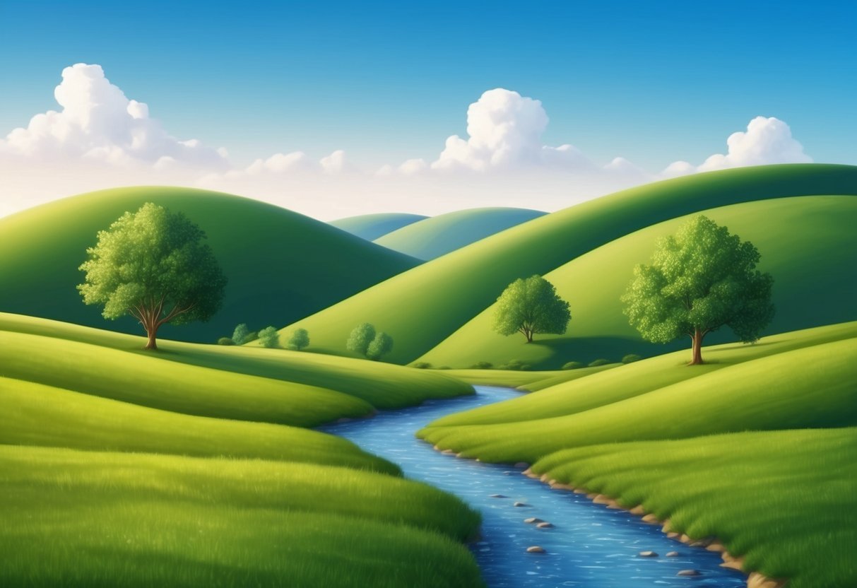 A serene landscape with a clear blue sky, rolling green hills, and a peaceful stream winding through the scene