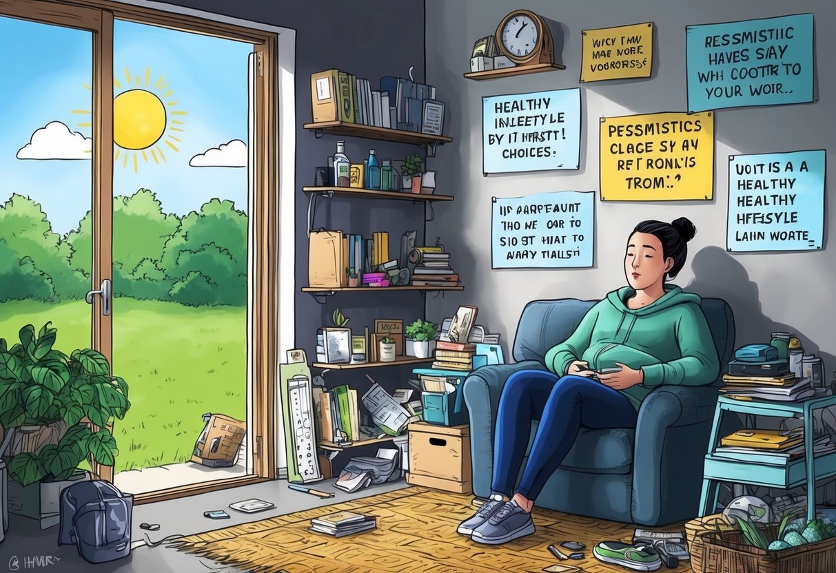 A person sitting in a cluttered room, surrounded by healthy lifestyle choices and pessimistic quotes.</p><p>Outside, a sunny day contrasts with the gloomy interior