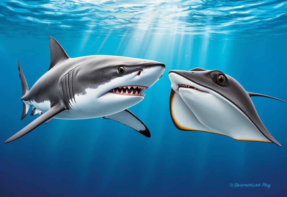 A shark and a ray swimming together in the ocean, showcasing their distinct features and evolutionary differences