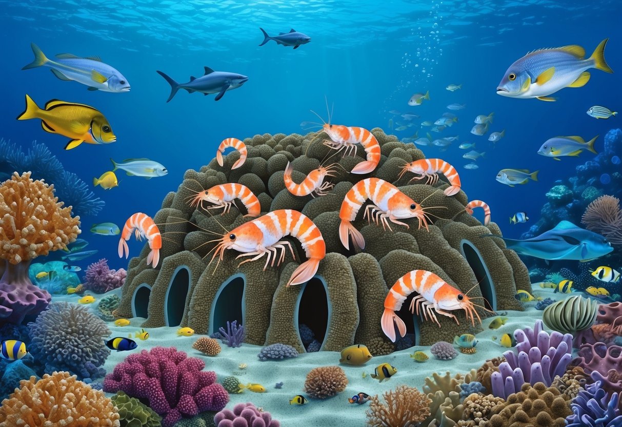 A coral reef with snapping shrimp burrowing and creating cavities in the ocean floor, surrounded by various marine life