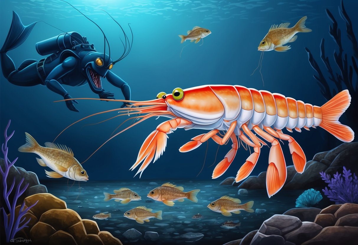 A snapping shrimp feeds on small prey while being watched by a predator lurking in the shadows