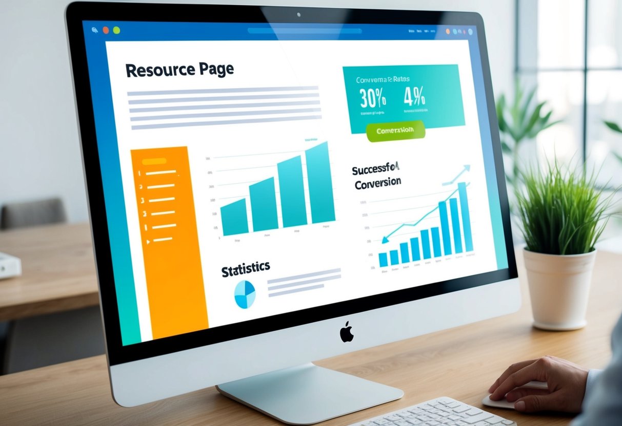 A computer screen displaying a resource page with clear navigation and enticing call-to-action buttons.</p><p>A graph and statistics chart show successful conversion rates