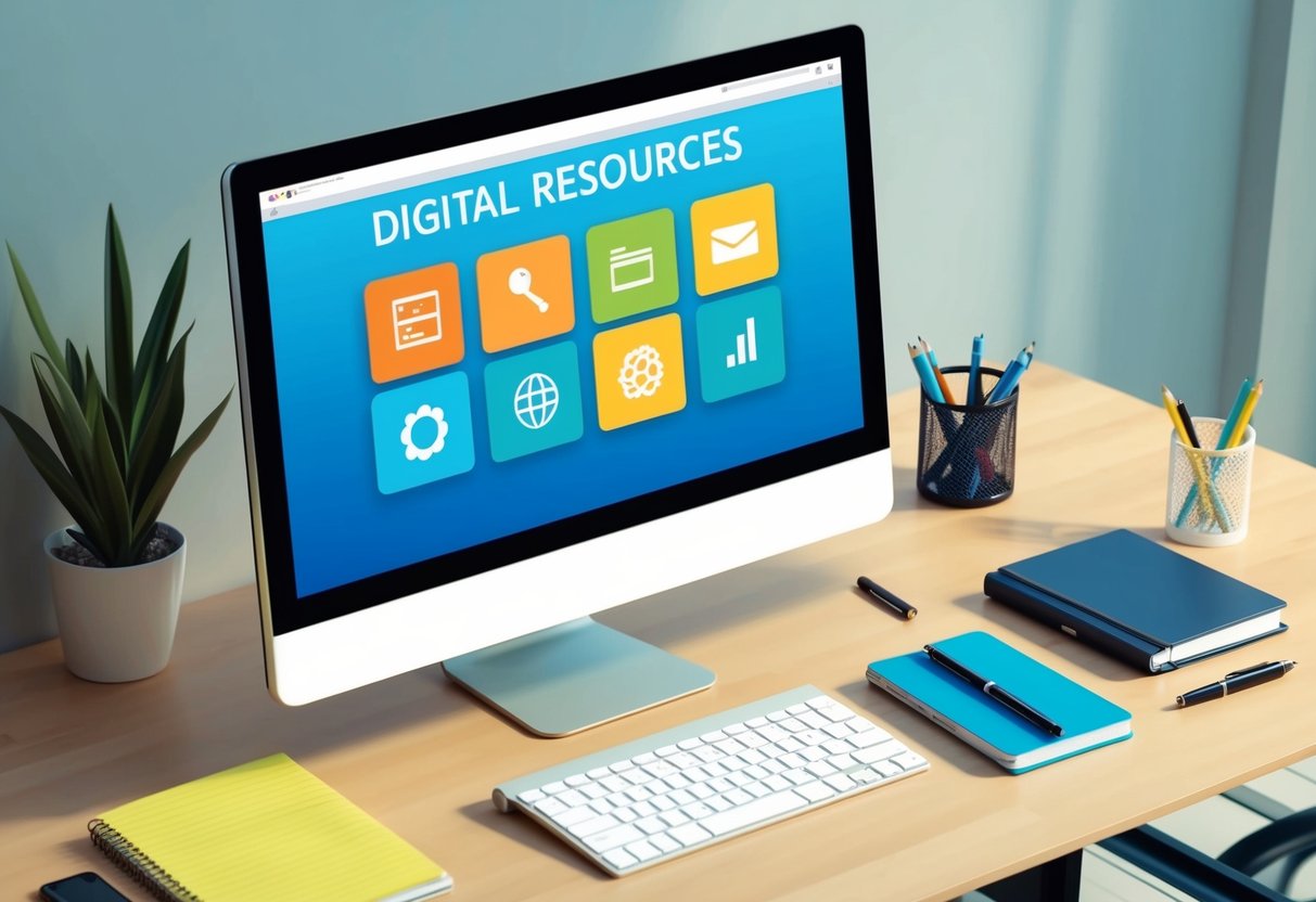 A computer screen displaying a digital resources page with various icons and links, surrounded by a clutter-free desk with a notebook and pen