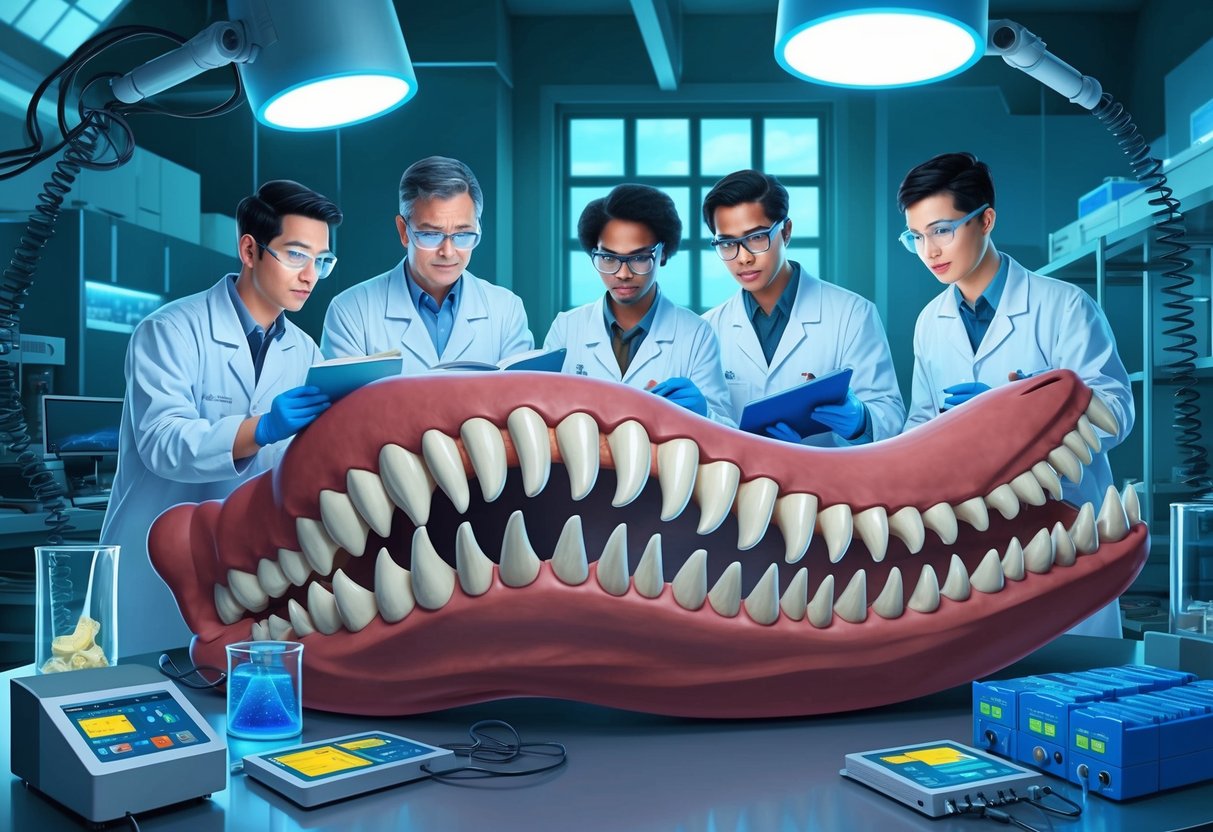 A team of scientists in a high-tech lab study the massive teeth and jaw of a megalodon, surrounded by advanced research equipment