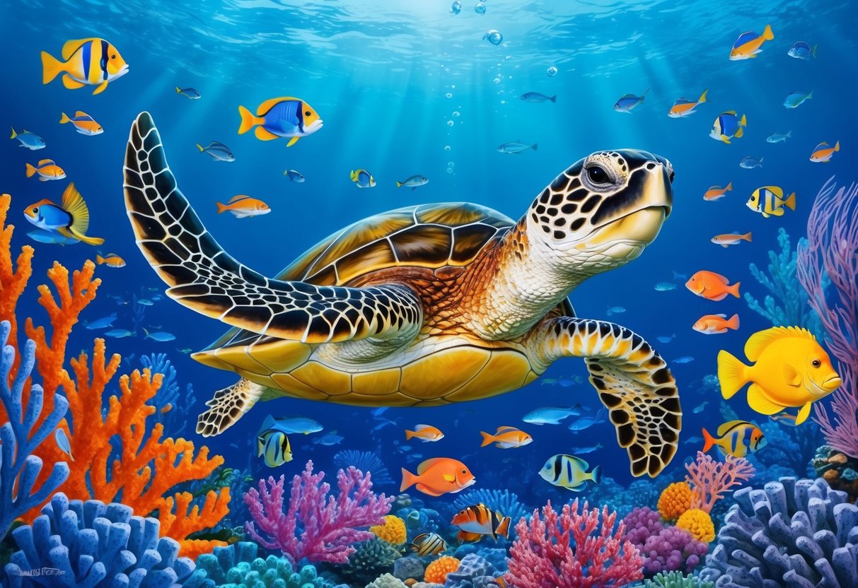 A sea turtle swimming gracefully through a vibrant coral reef, surrounded by colorful fish and waving sea plants