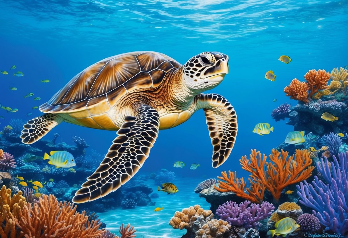 A sea turtle swims gracefully through the crystal-clear waters, foraging for food among the vibrant coral reefs