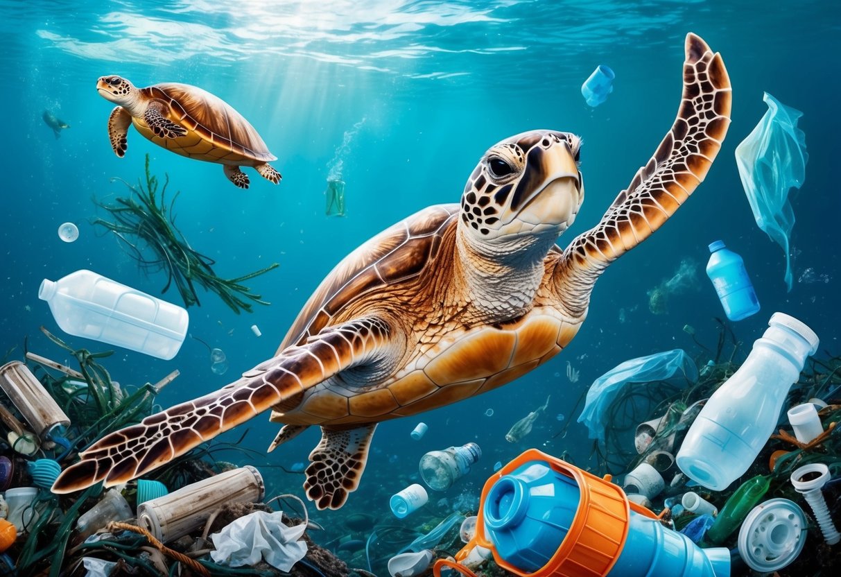 A sea turtle struggles against plastic pollution in the ocean, surrounded by other marine debris