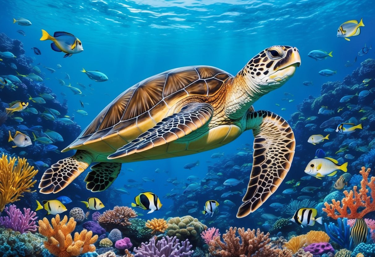 A sea turtle swims through a vibrant coral reef, surrounded by a variety of marine life.</p><p>The turtle's graceful movements reflect its long lifespan and cultural significance