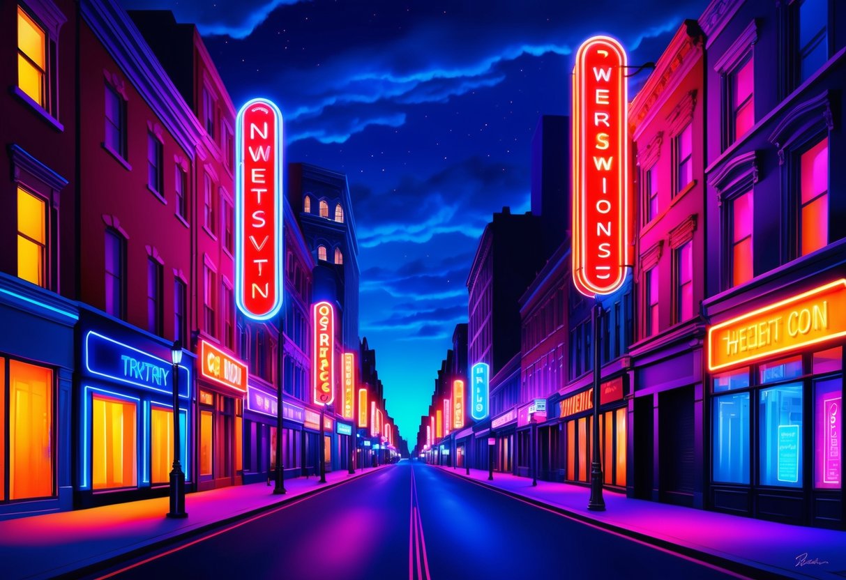 Neon signs illuminating a city street at night, casting a vibrant glow on buildings and storefronts