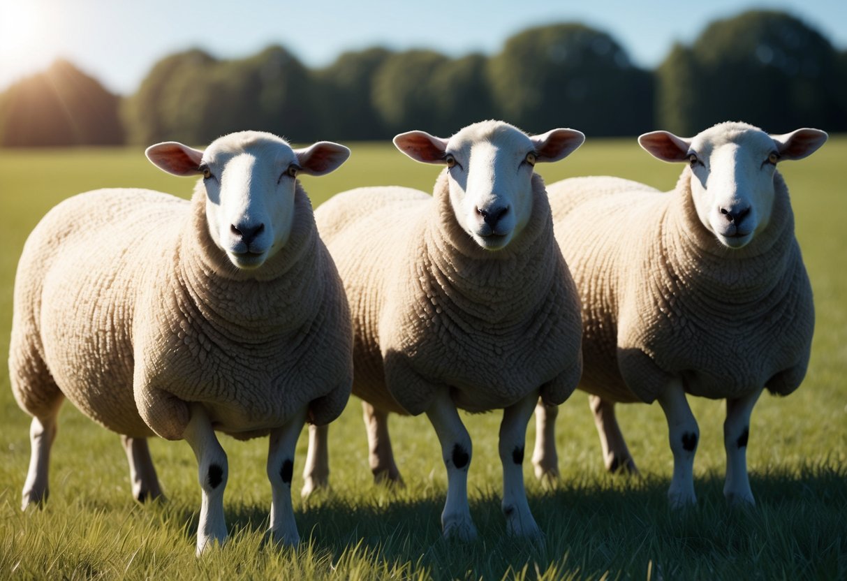 Sheep with alert, wide-set eyes graze in a sunlit pasture