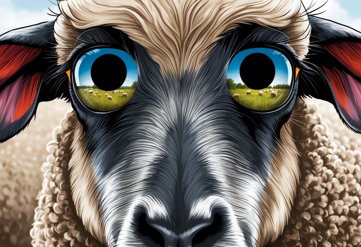 A close-up of sheep eyes, with the pupils dilated and reflecting the surrounding environment, emphasizing their ecological significance