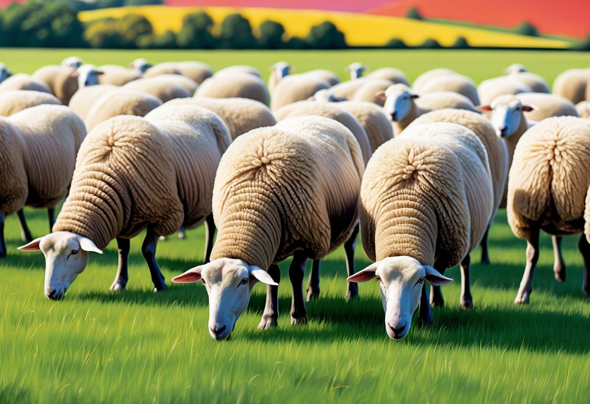 A flock of sheep grazing in a green pasture, their eyes focused on the vibrant colors of the surrounding landscape