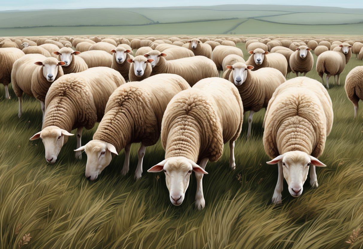 A flock of sheep grazing in a vast field, their eyes scanning the surroundings with heightened spatial awareness