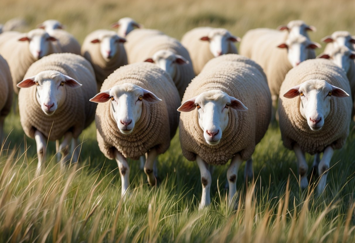 A flock of sheep grazing in a field, their large, round eyes scanning for predators amidst the tall grass