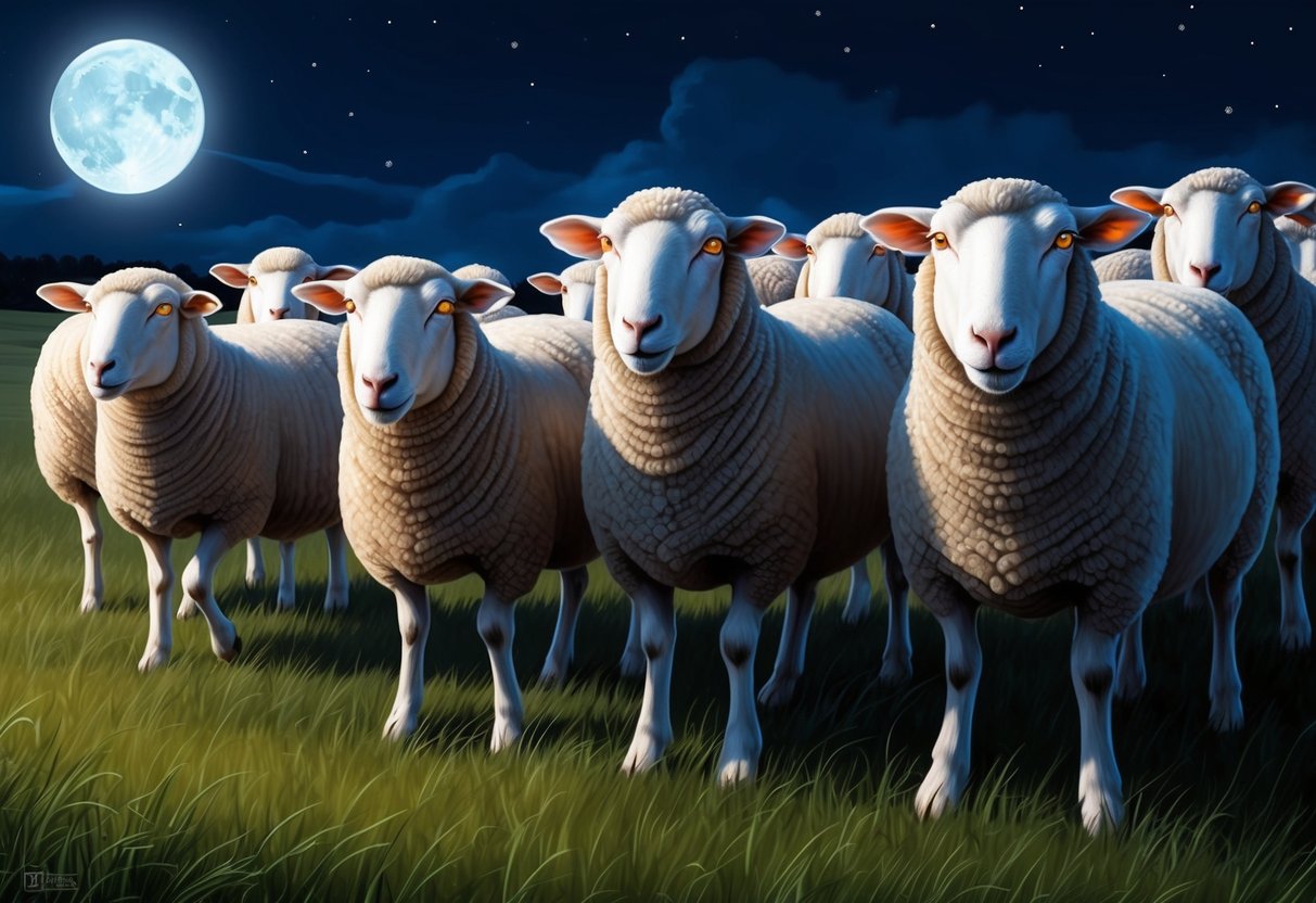 A flock of sheep with glowing eyes graze under the moonlight, their behavior shifting as they navigate the nighttime landscape