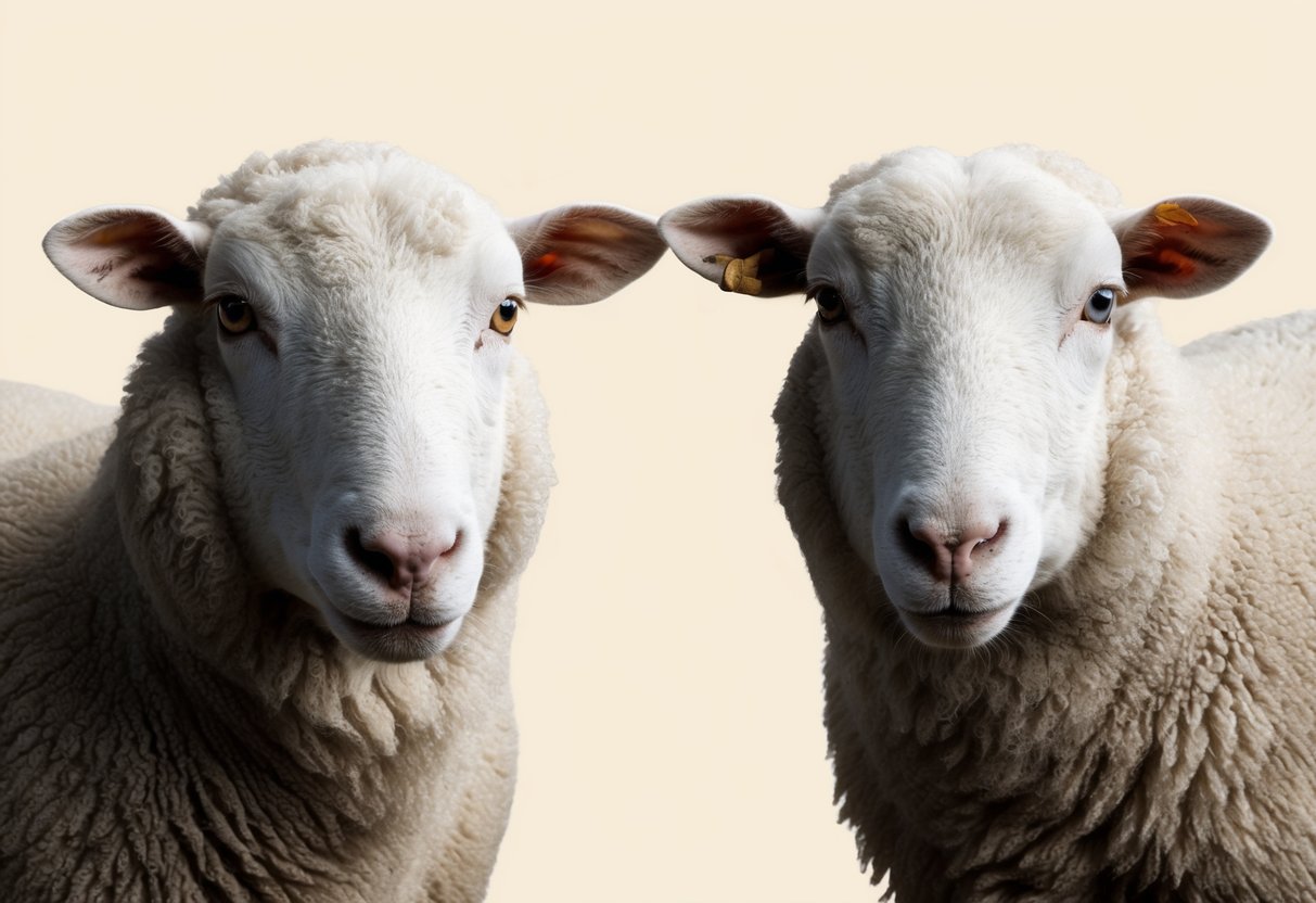 A close-up of a pair of sheep eyes, one healthy and the other showing common issues such as cataracts or conjunctivitis