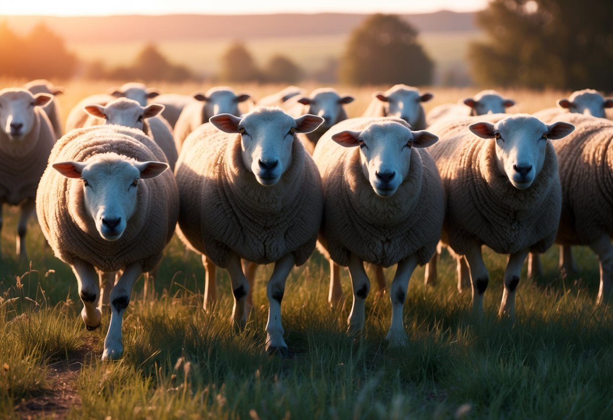 A flock of sheep grazing in a peaceful meadow, their eyes reflecting the warm glow of the setting sun