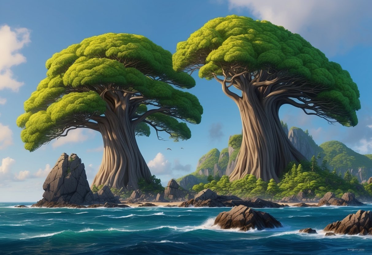 Giant, towering trees with thick, twisting trunks and lush, vibrant green foliage rise from the rocky, windswept terrain of a remote island