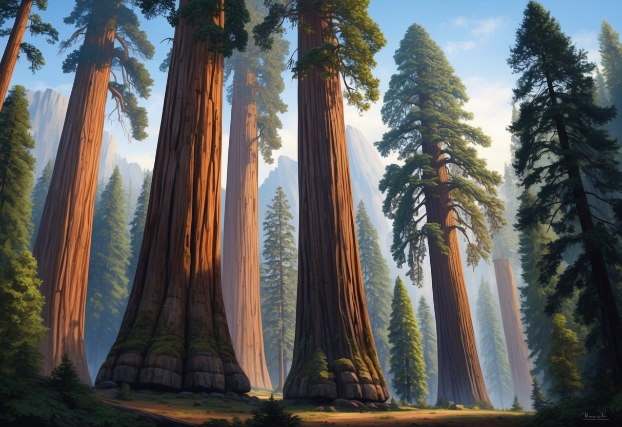 Majestic redwood and sequoia trees tower over the forest, their massive trunks reaching towards the sky, showcasing the strength and grandeur of the champion trees of North America