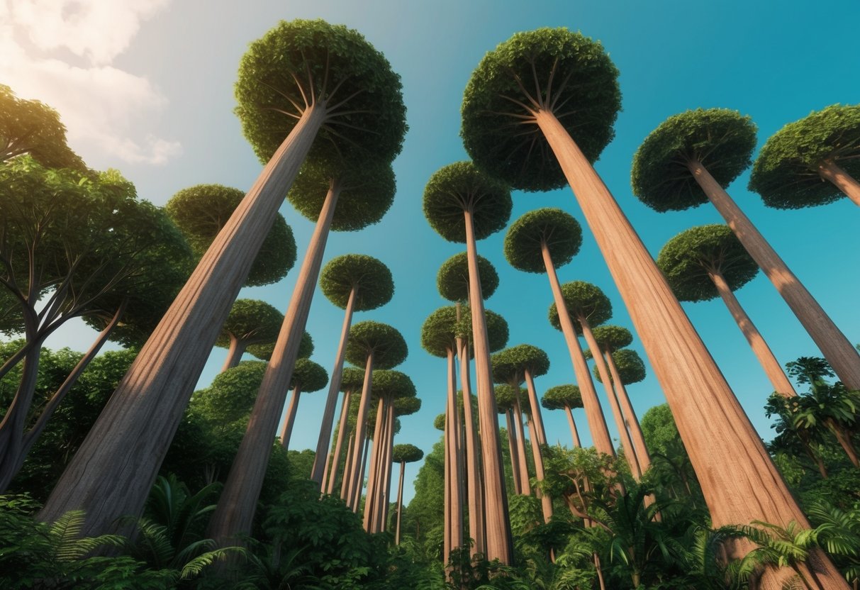 Tower of towering trees in Southeast Asia, reaching for the sky in a lush, dense forest