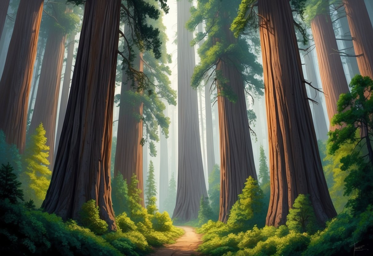 A dense forest of towering redwood trees, their massive trunks reaching skyward, surrounded by lush green undergrowth and dappled sunlight