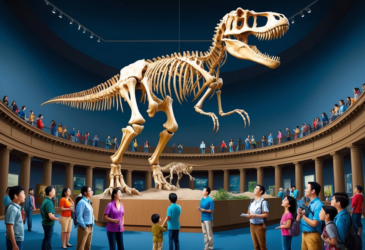 A T-rex skeleton towering over a museum exhibit, surrounded by fascinated onlookers