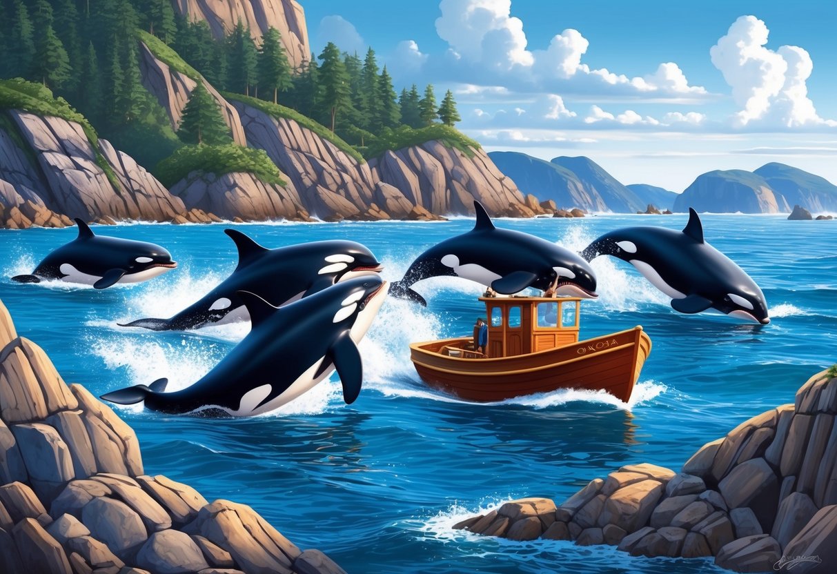 A small boat is being attacked by a group of orcas in a rocky coastal area