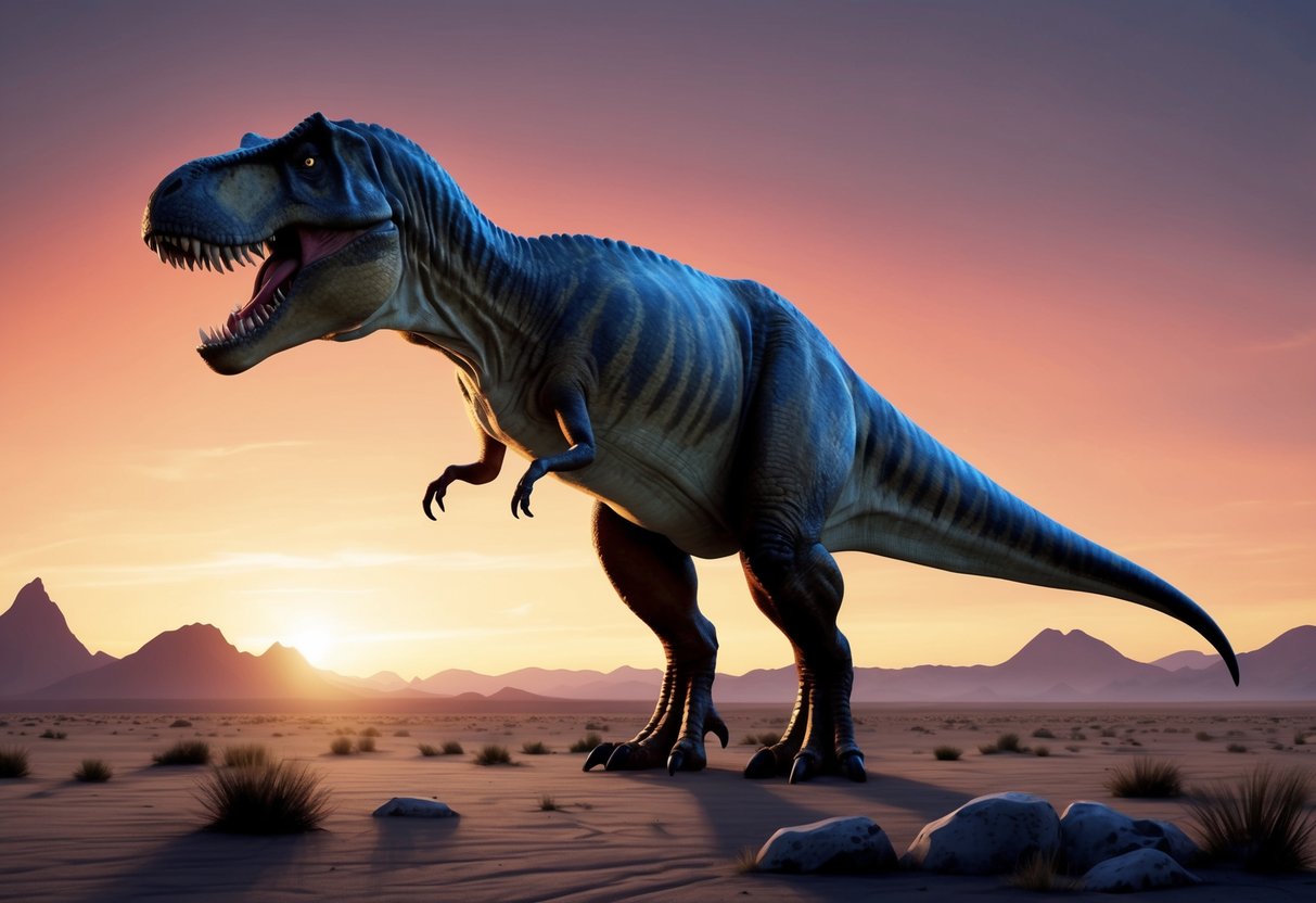 A towering T-Rex stands alone in a desolate, prehistoric landscape, its majestic form silhouetted against the setting sun