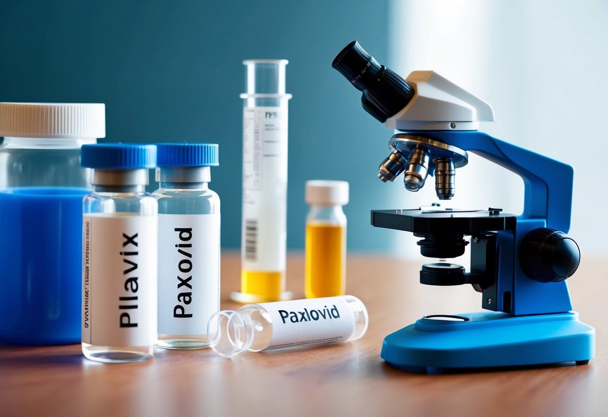 A lab table with vials labeled "Plavix" and "Paxlovid" alongside a microscope and scientific equipment