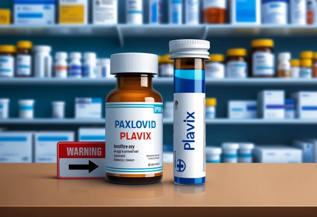 A bottle of paxlovid and plavix on a pharmacy counter with a warning sign