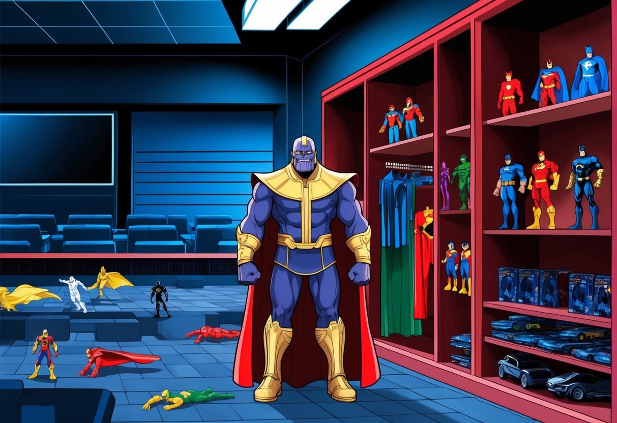 Thanos snap: half-empty movie theater, empty store shelves, vanishing superhero action figures