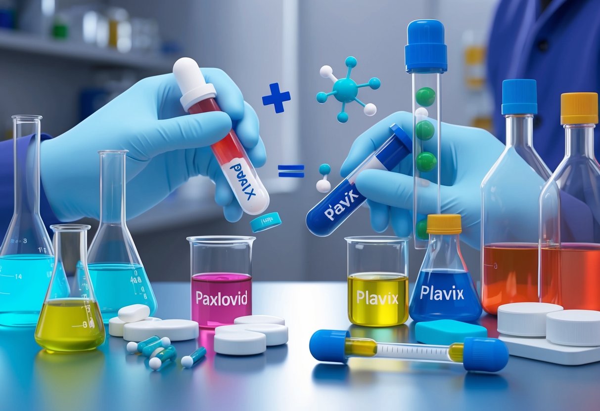 Paxlovid and Plavix interacting in a laboratory setting with various medications and chemical compounds nearby