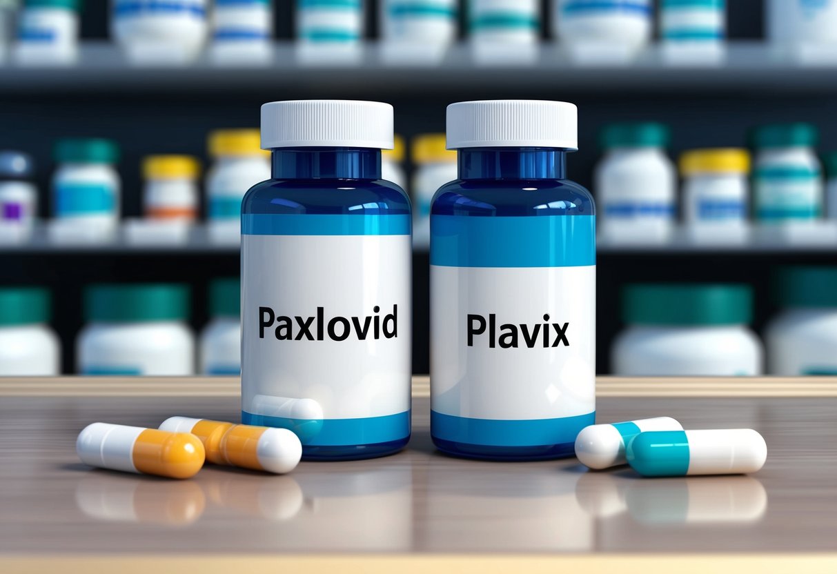 A bottle of Paxlovid and Plavix sits on a pharmacy counter, with the two medications clearly labeled and separated