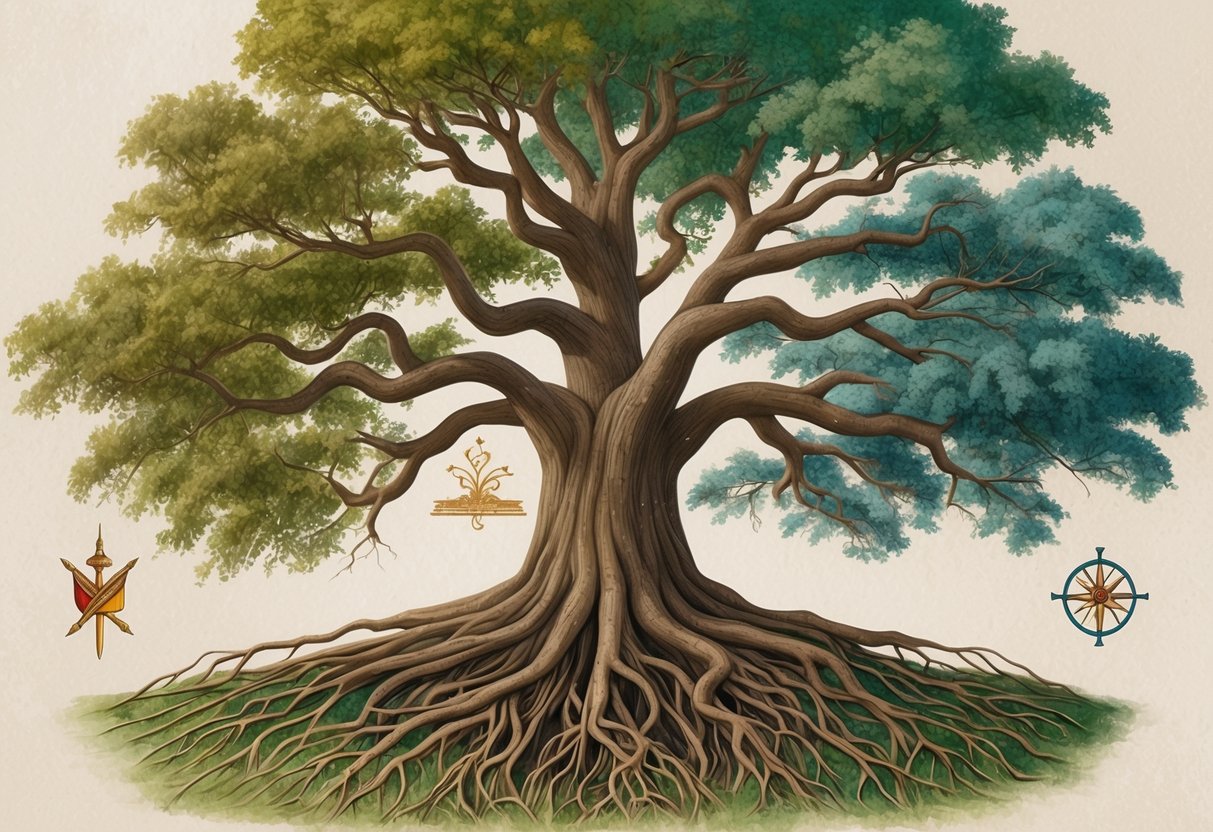 A tree with deep roots and sprawling branches, surrounded by symbols of heritage and lineage