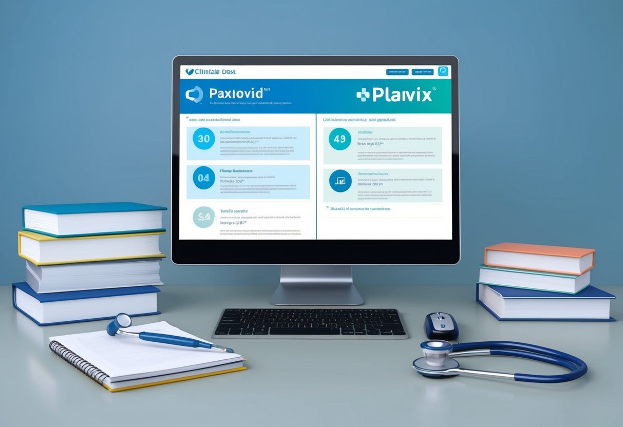 A clinician's desk with a computer displaying paxlovid and plavix information, surrounded by medical reference books and a stethoscope