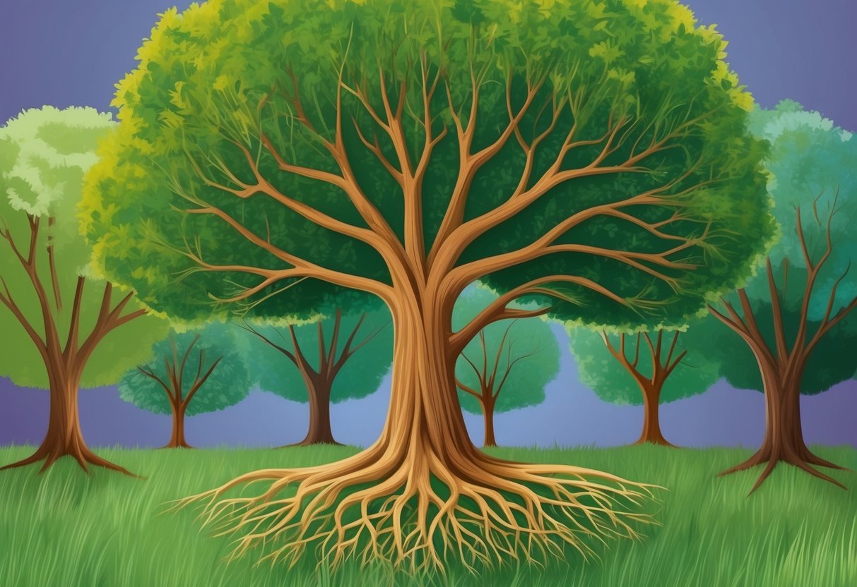 A tree with roots and branches, surrounded by smaller trees, symbolizing the interconnectedness of family history and ancestry