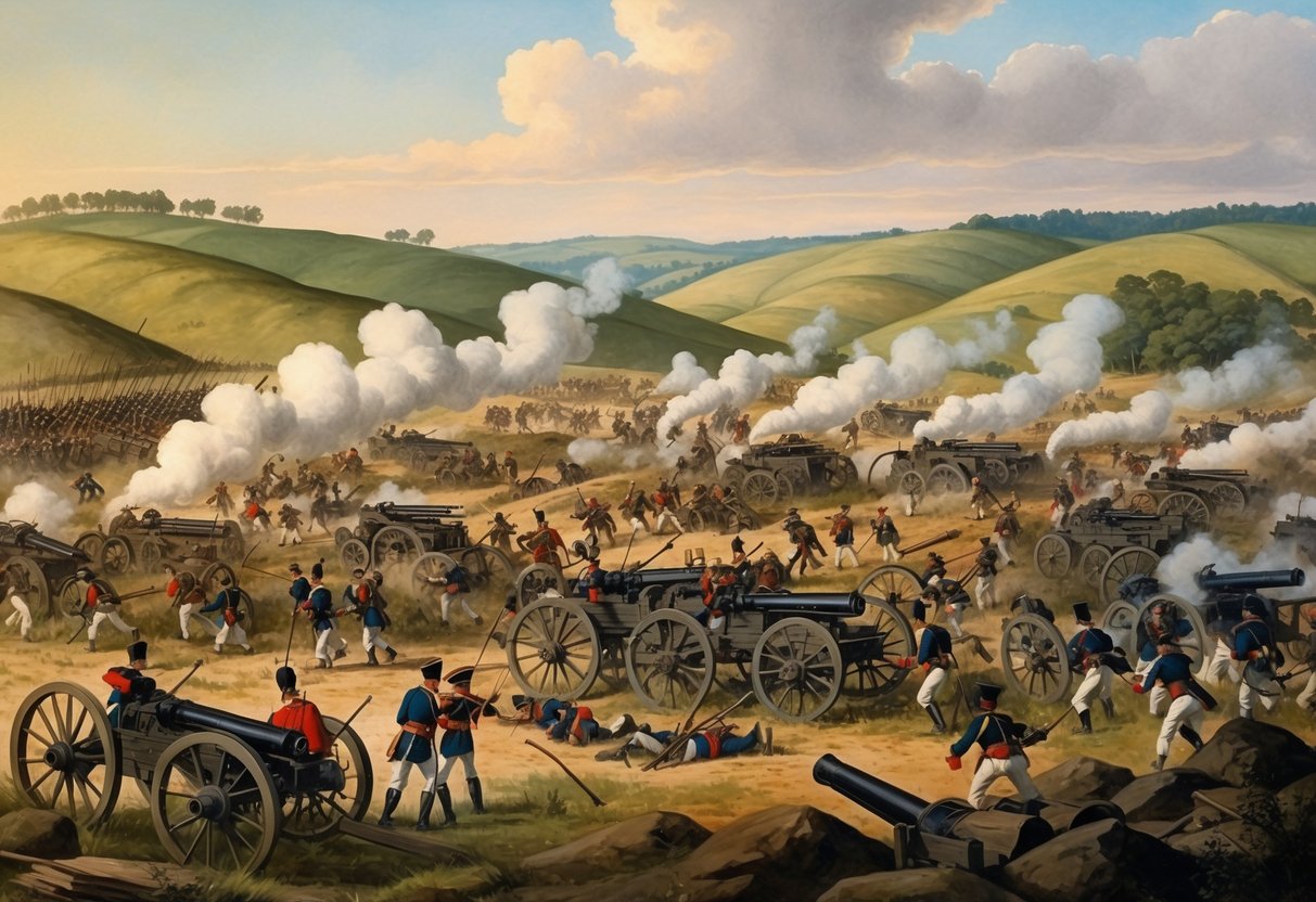 A chaotic battlefield with soldiers, cannons, and smoke, set against the backdrop of rolling hills and distant trees